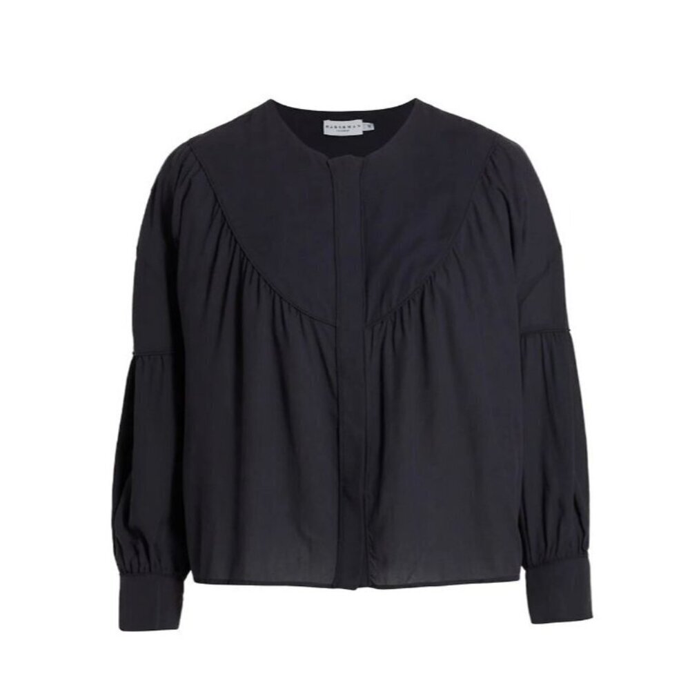 Harshman Faye Navy Shirt 1X Tencel Lyocell Balloon Sleeves Pleated Back Yoke - Picture 3 of 7